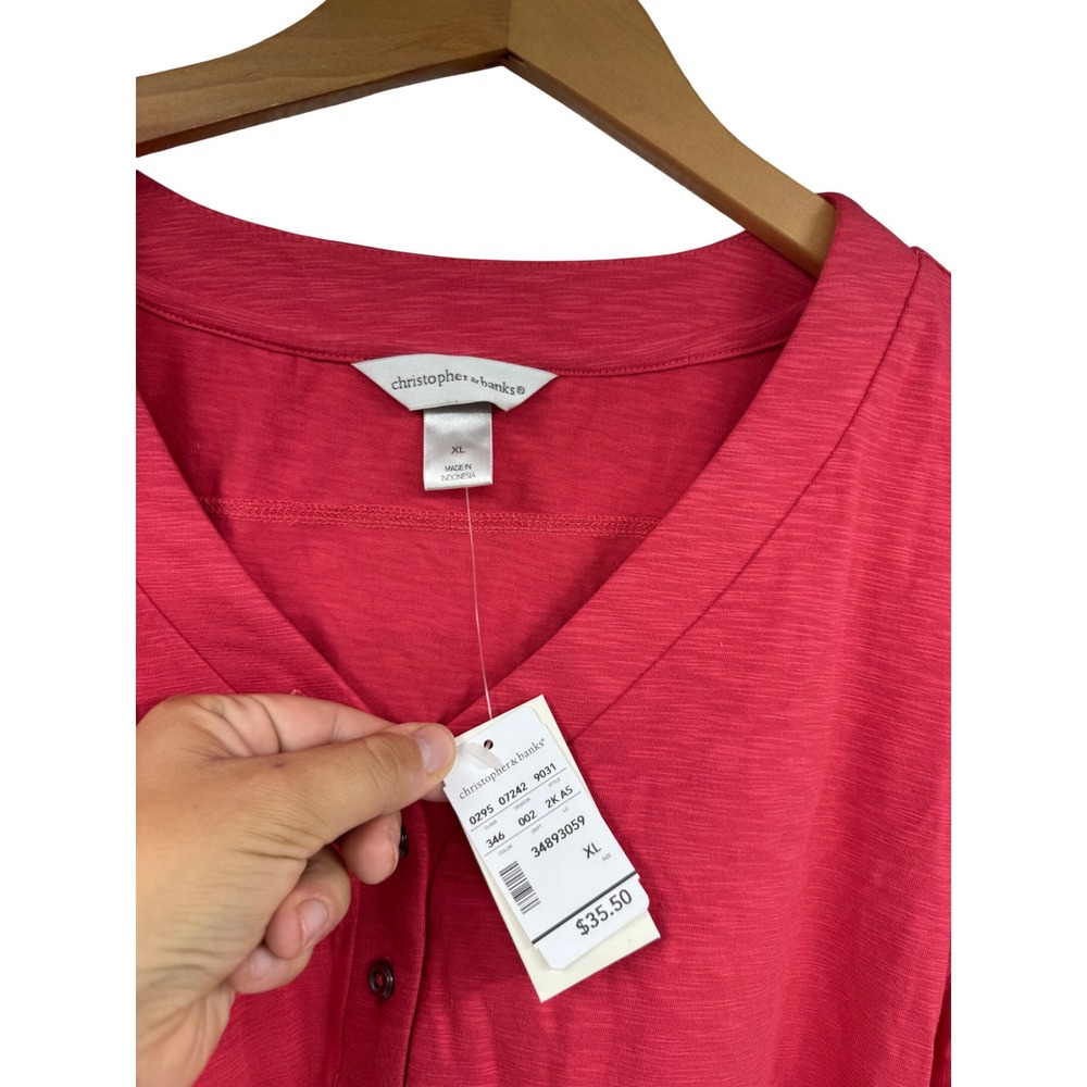 Christopher & Banks Womens XL Red Slub Knit Henley 3/4 Roll Tab Sleeve Top NWT - Picture 2 of 6